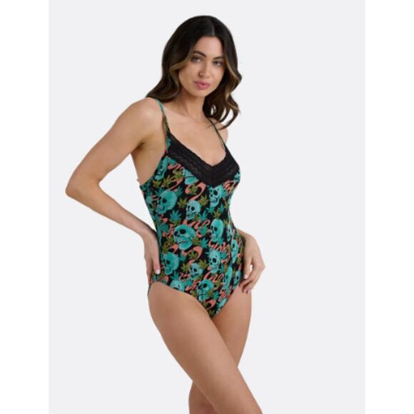 Me Undies Skull Print Lace Bodysuit Womens Size Small Teal Black Goth - Picture 1 of 5